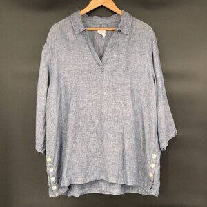 Sigrid Olsen Women's Oversized Linen V-Neck Top 1X Blue Button Accent Coastal